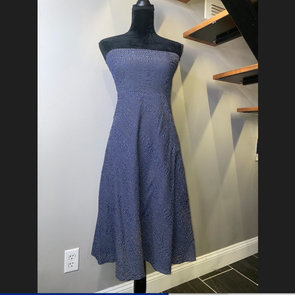 J Crew Strapless Navy Polka Dot Dress